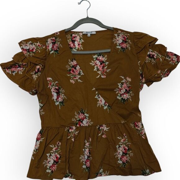 Madewell Cotton Floral Ruffle Sleeve Wrap Top - Brown size 4 - Picture 3 of 7